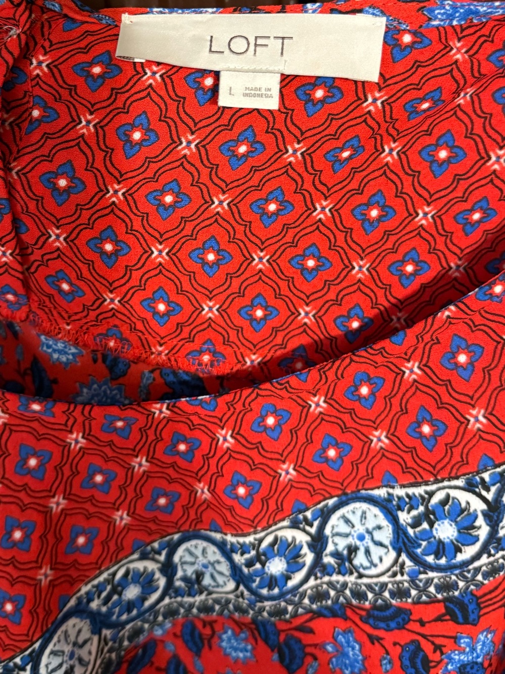 LOFT Red and Blue Patterned Long-Sleeve Blouse - Picture 3 of 3
